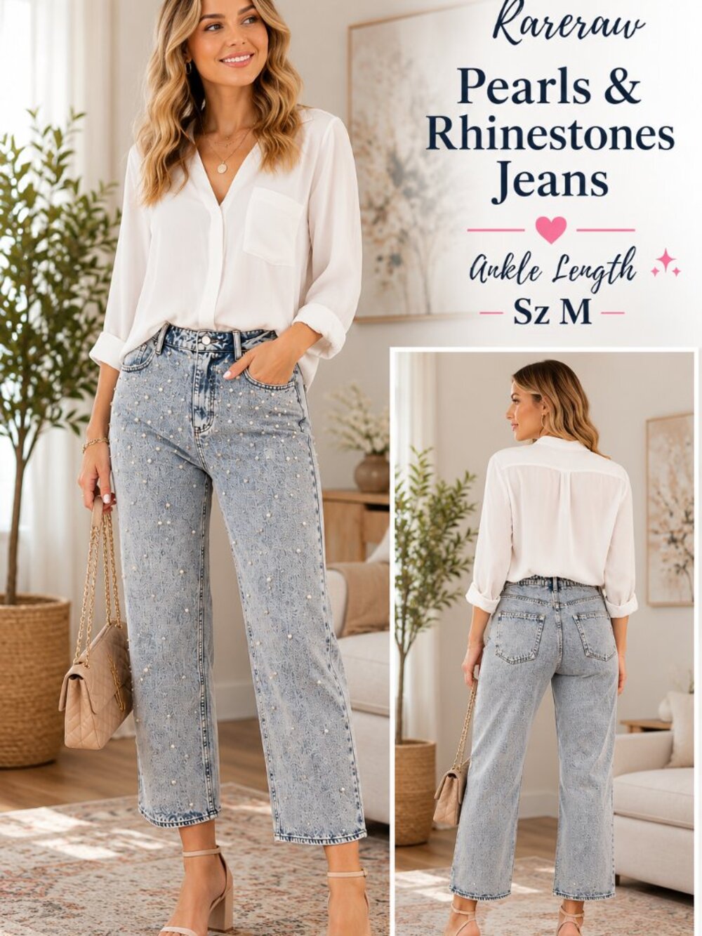 ✨👖 Rareraw Pearl & Rhinestone Embellished Ankle Jeans | Acid Wash | Size Medium